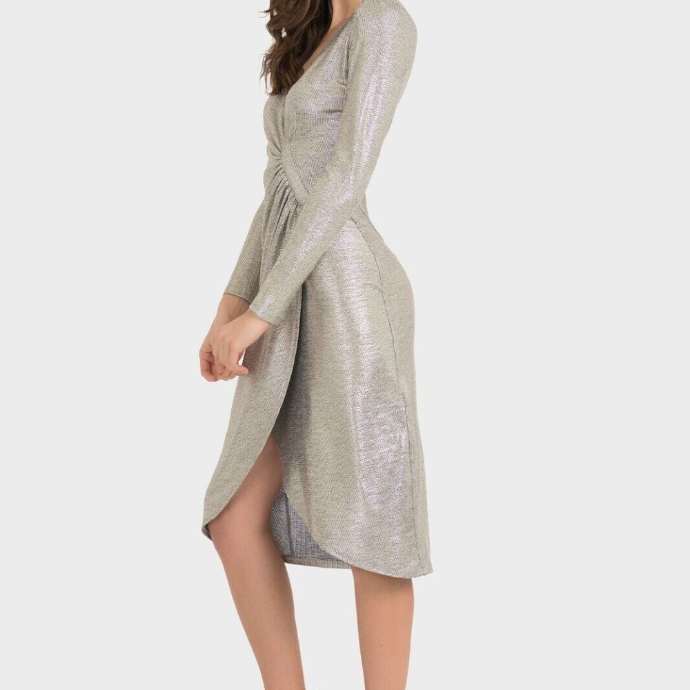 Joseph Ribkoff Ruched Wrap Gray Metallic Dress